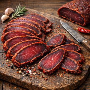 Basturma en croûte d'épices sur une planche en bois rustique