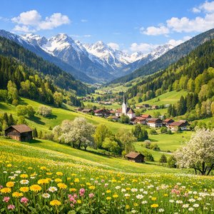 Mùa xuân ở thung lũng Tyrol: đồng cỏ hoa nở rộ và những đỉnh núi phủ tuyết