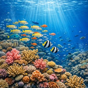 陽光に照らされたサンゴの庭と熱帯魚の群れ