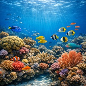 Arrecife de coral bañado por el sol, repleto de peces tropicales