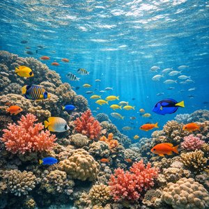 Arrecife de coral bañado por el sol, repleto de peces tropicales