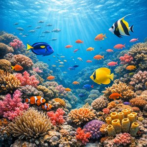 Arrecife de coral soleado, repleto de peces tropicales