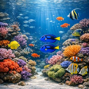 Arrecife de coral iluminado por el sol — Escena de acuario tropical