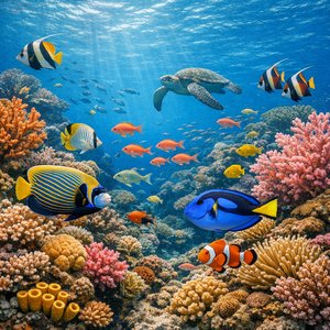 Arrecife de coral bañado por el sol: peces tropicales y tortuga marina