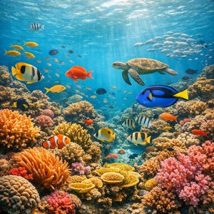 Arrecife de coral bañado por el sol — Vida submarina tropical
