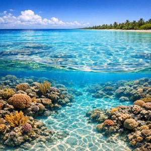 Arrecife de coral cubano bañado por el sol en aguas turquesa poco profundas