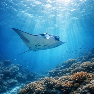 Manta ao Sol Sobre Jardim de Corais