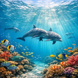 Panorámica del océano bañada por el sol con delfines y arrecife tropical