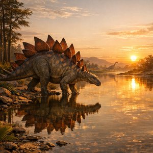 夕暮れの川辺：黄昏のステゴサウルス