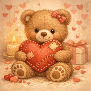 Osito con cojín de corazón cosido