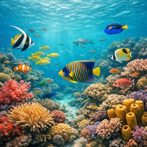 Vibrante arrecife de coral tropical con diversa vida marina