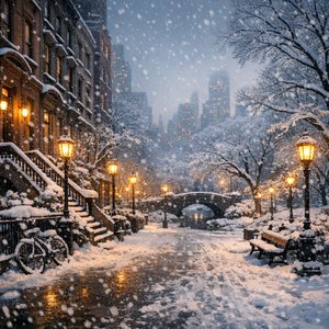Đèn Lồng Mùa Đông: Buổi Tối Tuyết Rơi Trên Con Phố Brownstone Ở New York
