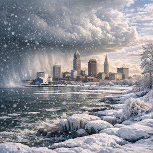 Người canh gác mùa đông: Đường chân trời Cleveland trong tuyết do hiệu ứng hồ