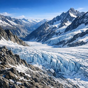 Zillertaler Alpen — Panorama: Gletscher mit Gletscherspalten