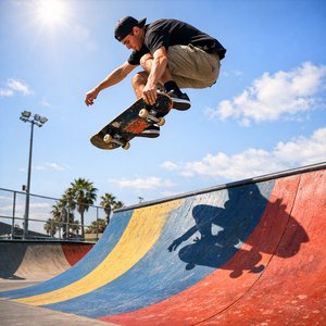 Ollie aéreo sobre rampa colorida