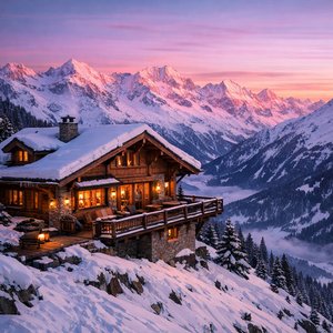 Chalet alpino al resplandor rosado del atardecer