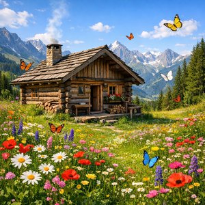 Альпийская бревенчатая хижина на лугу с дикими цветами
