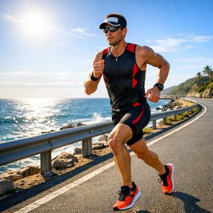 Carrera del triatlón costero al amanecer