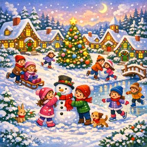 ほっこり冬の村：雪遊びをする子どもたち