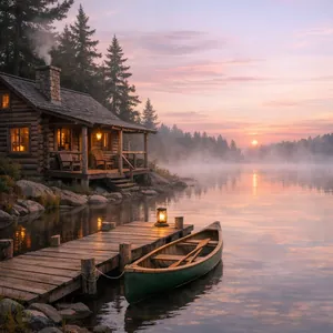 Dawn at the Lakeside Log Cabin