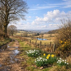 Camino de la Primavera Temprana: campanillas de invierno y narcisos al amanecer