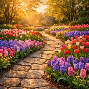 Mañana dorada en un jardín primaveral