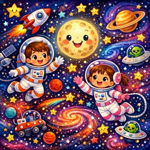Весёлое космическое приключение — дети‑астронавты в яркой галактике