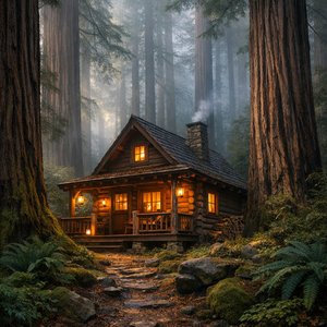 Ngôi nhà gỗ sáng đèn lồng giữa rừng redwood