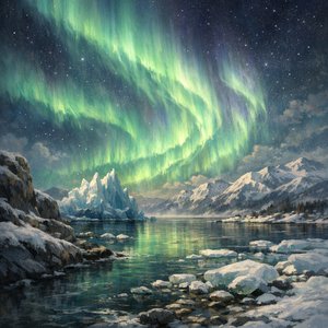 Nordlicht im März über dem zugefrorenen Fjord