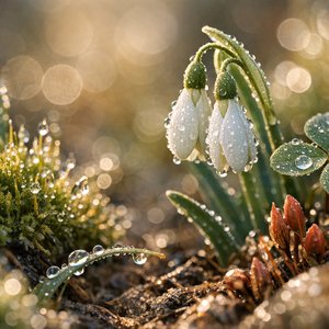 Perce-neige d'un matin de mars, couverts de rosée