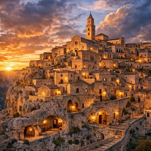 Matera trong giờ vàng — Những nhà hang cổ bừng sáng