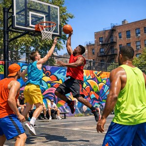 Mittags-Drive beim Streetbasketball auf sonnigem Stadtplatz