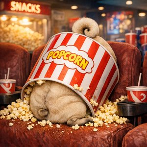 ポップコーンバケツの中のパグ
