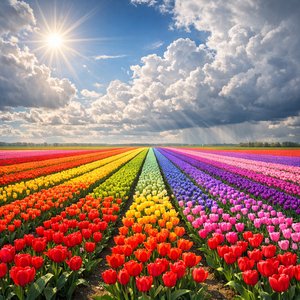 Campos de tulipanes multicolores bajo un dramático cielo primaveral