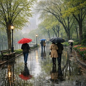 Mưa xuân ở công viên thành phố