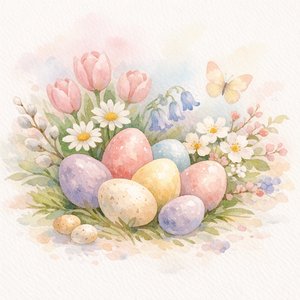 Ramo de Pascua primaveral — Huevos pastel en acuarela y flores