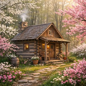春の花咲く丸太小屋