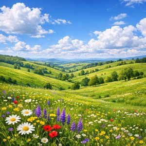 Colinas ondulantes de primavera con pradera de flores silvestres