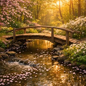 Pont en bois printanier à l'heure dorée