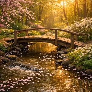 Springtime Wooden Bridge at Golden Hour