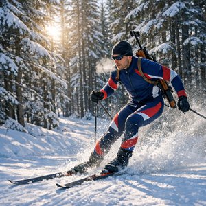 Biatleta bañado por el sol trazando curvas por el bosque invernal