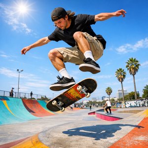 Kickflip ao sol sobre skatepark colorido