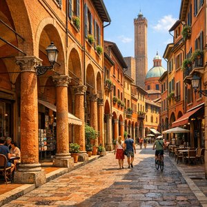 Hành lang rợp nắng ở Bologna