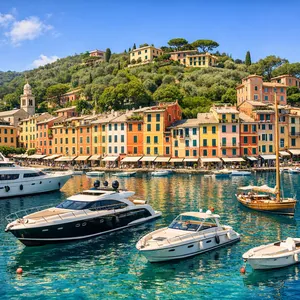 Sunlit Portofino Harbor with Pastel Facades