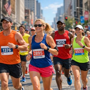 Maratón en la Ciudad Soleada — Grupo de cabeza con ropa colorida