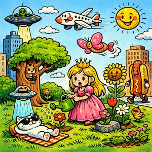 Jardín de la princesa en la bulliciosa ciudad — Ilustración juguetona para puzzle