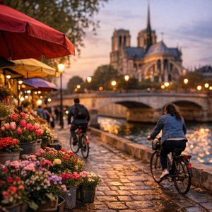 ขี่ยามเย็นที่แผงดอกไม้บน Île de la Cité