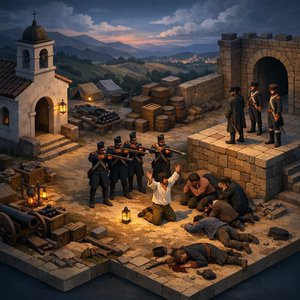 La ejecución en la puerta de la fortaleza — escena isométrica