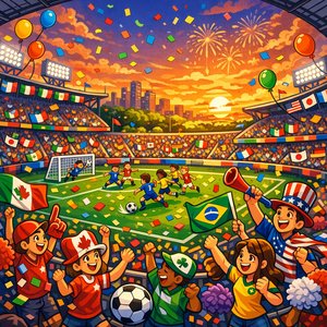 Sunset Stadium Celebration — World Championship Soccer (Cartoon Puzzle Art)