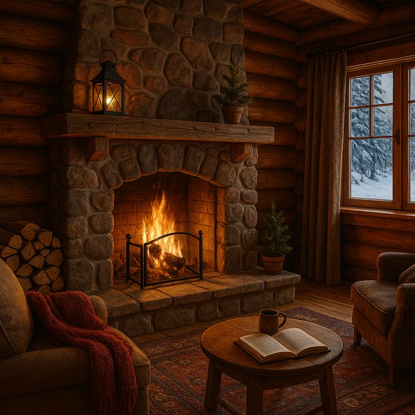 Warmth by the Winter Cabin Fireplace